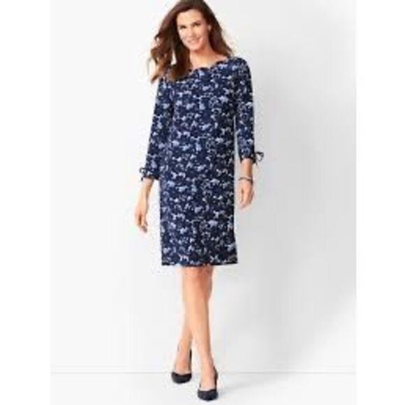Talbots Women's 10 Scalloped Neck Shift Dress Blue Black Floral 3/4 Bow Sleeves - Picture 1 of 11